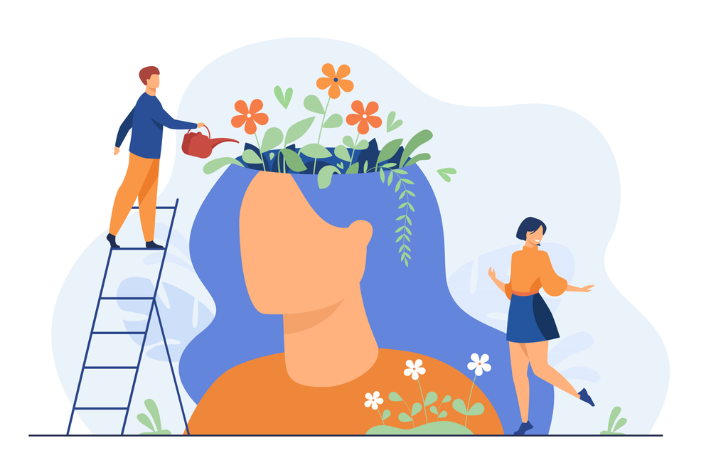 Dibujo de una persona con flores creciendo dentro de la cabeza, simbolizando el crecimiento mental.