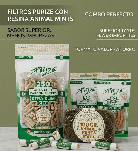 Gama completa filtros Purize 6mm carbón activado formatos 10, 50 y 250 unidades - y 1 placa de 100 gramos de STATIC HASH CBD ANIMAL MINT The Green Muse CBD Shop