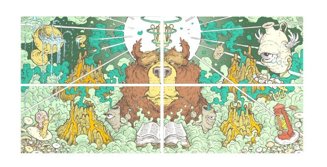 Librito de papel de liar King Size Slim con ilustración psicodélica de un oso y volcanes por Mossy Giant y The Green Muse CBD