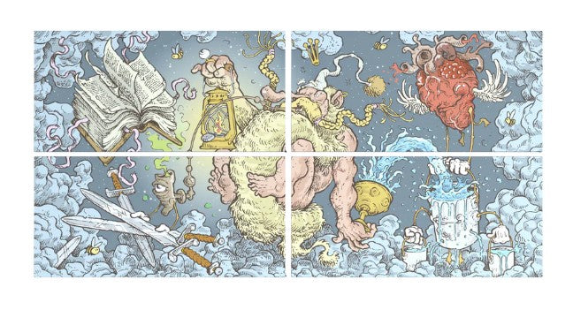 Mural completo de Mossy Giant uniendo los 4 librillos para revelar la escena del Gnomo Alquimista y el Sol.